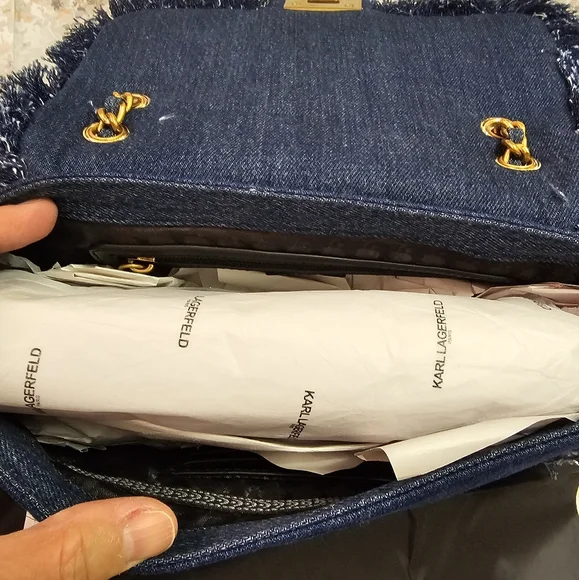 Karl Lagerfeld Navy Quilted Denim Shoulder Bag with Pearls and Gold Chain - Picture 5 of 9